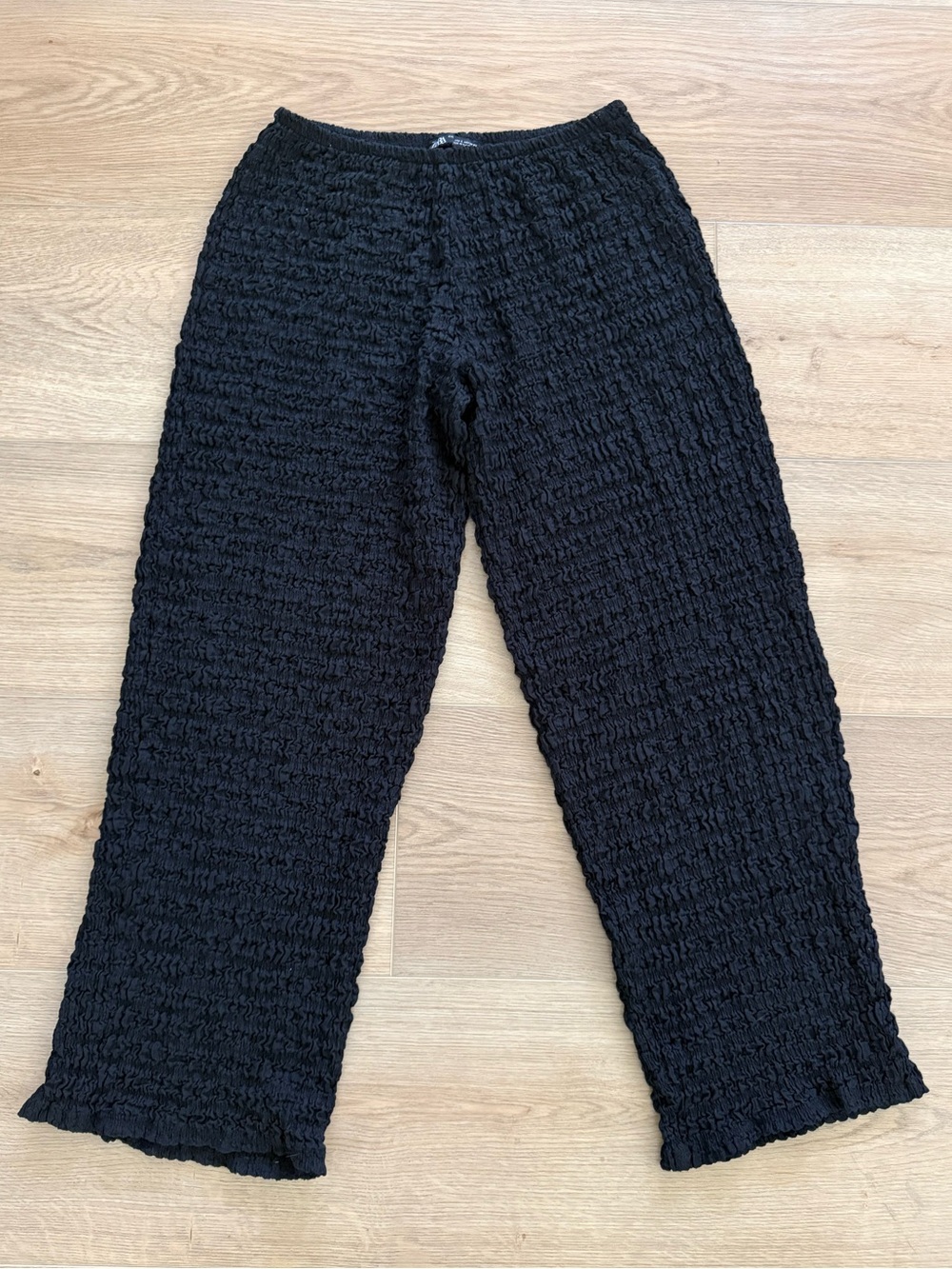 Zara Popcorn Textured Crinkle Wide Leg Pull-On Pants Black Size Large
